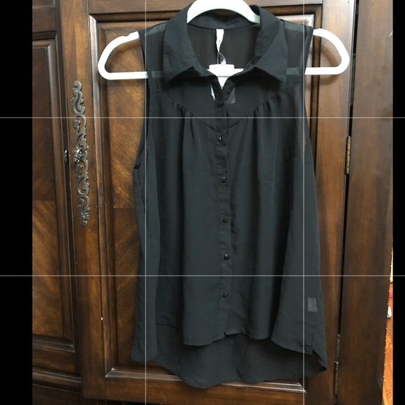 Black polyester button down see through shirt. - Picture 2 of 6